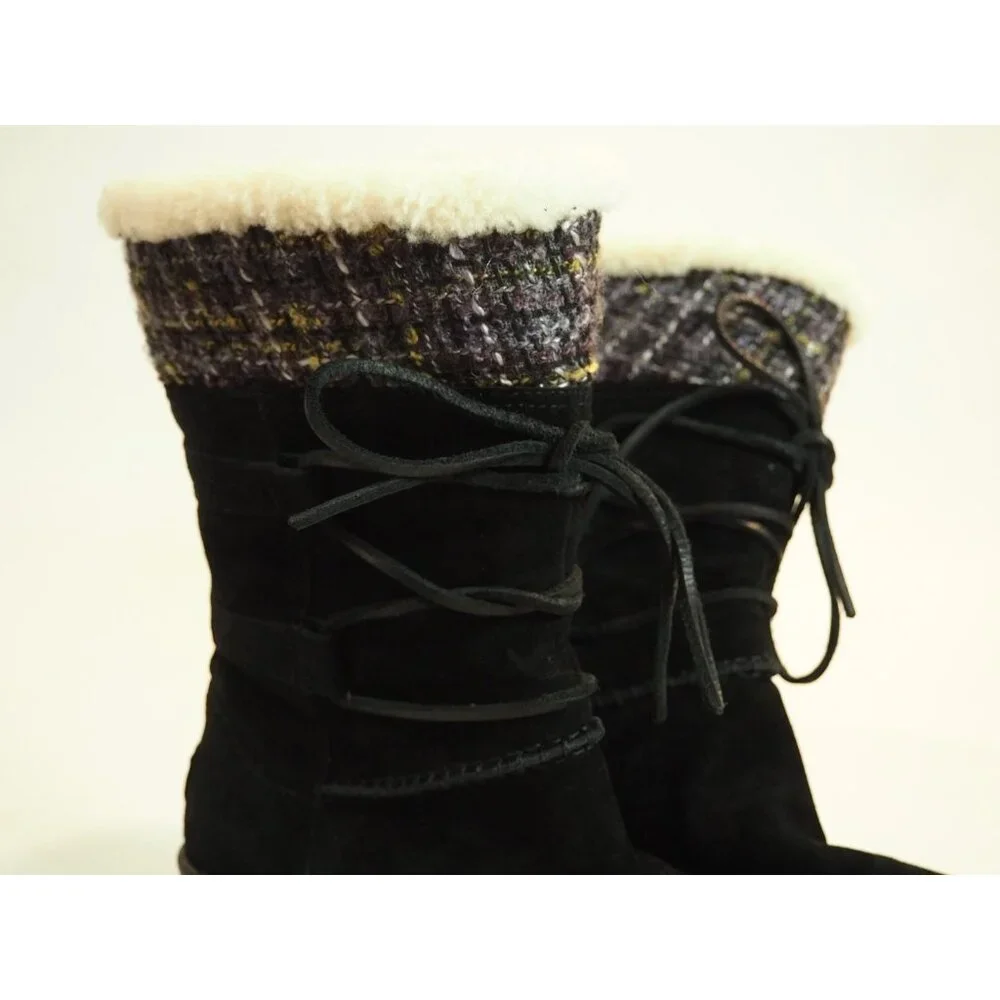 Ugg Black Leather Suede Tweed Cuff Sheepskin Lined Laced Boots, Size 9 (US)